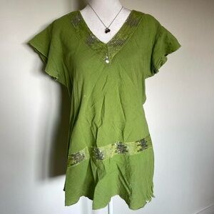 Climate Cotton Wear - Lime Green Sequin V Neck Short Sleeve Top